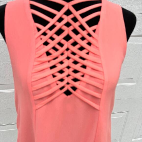 NAKED ZEBRA, criss cross strap tank top, coral sheer with lining. Women's size M - Picture 4 of 9